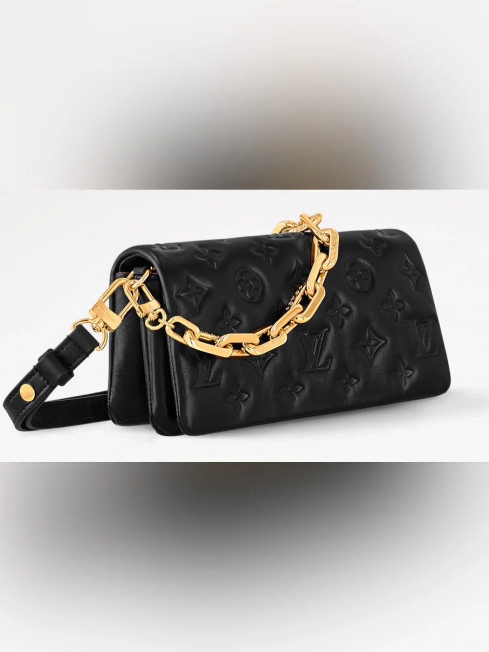 NEW Louis Vuitton Black Monogram Embossed Pochette Coussin with Gold Chain - Picture 13 of 15